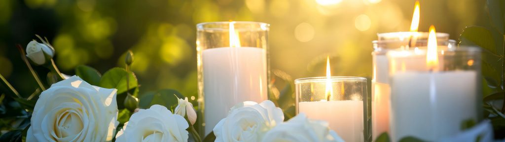 Funeral flowers and candles near the memorial outdoors
