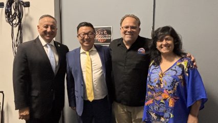 Supervisor Joe Baca, Jr. posing for a photo with San Bernardino County Public Defender Thomas W. Sone, Ray Blom and Pastor from The Way World Outreach.
