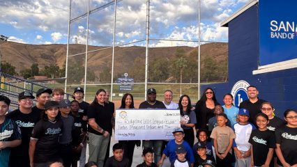 Supervisor Joe Baca, Jr. with Mayor Helen Tran, Councilmember Kim Knaus, Councilmember, Mario Flores, Councilmember Dr. Treasure Ortiz, along with Ridgeline Little League President Preston White, and players.