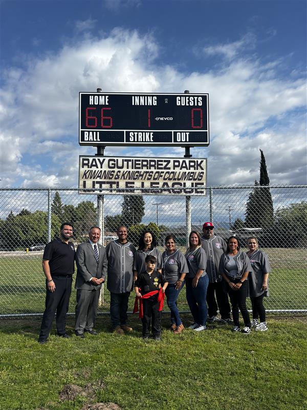Supervisor Baca with Mayor Helen Tran, Councilmember Mario Flores, and KKC Little League at the Grand Opening of the improved Gutierrez Park.